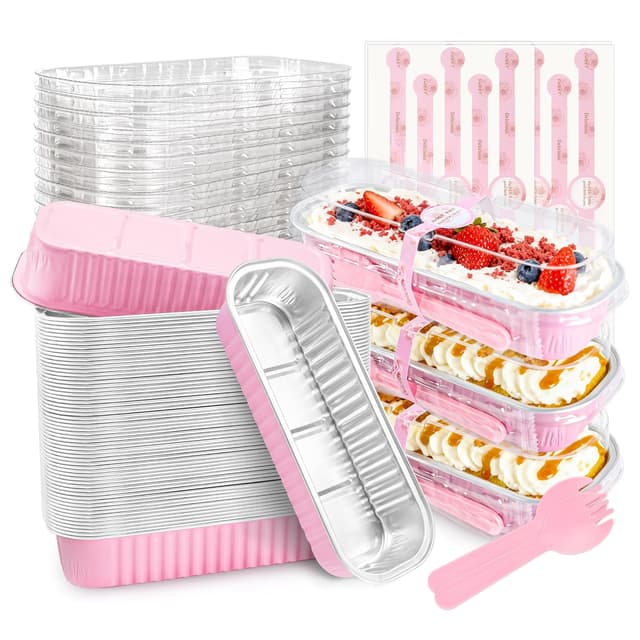 Detalle de NPLUX 50-Pack Mini Cake Pans with Lids and Spoons (Rectangular Aluminum Foil Bread Pans) – Pink, 6.8 oz