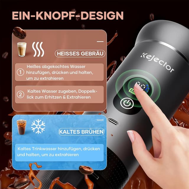 Detalle 2 de kejector Tragbare Espressomaschine mit Akku – 3-in-1 für gemahlenen Kaffee und Kapseln, für unterwegs