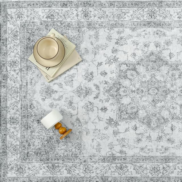 Detalle 2 de PureCozy Vintage Grauer Teppich als Flur Läufer (60x180 cm) – waschbar, kurzflorig, rutschfest