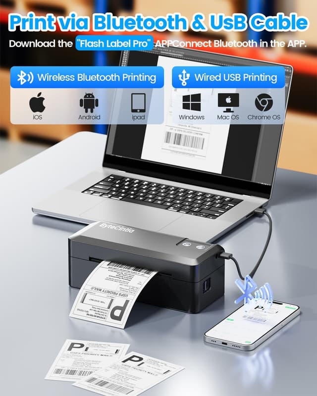 Detalle 2 de ByteCintia Bluetooth & USB 4x6 Thermal Shipping Label Printer (203 dpi) for small business