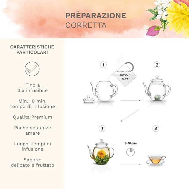 Detalle de Creano Set Regalo Fiori di Tè “Flower Design” con teiera in vetro da 500 ml e 6 tè bianco