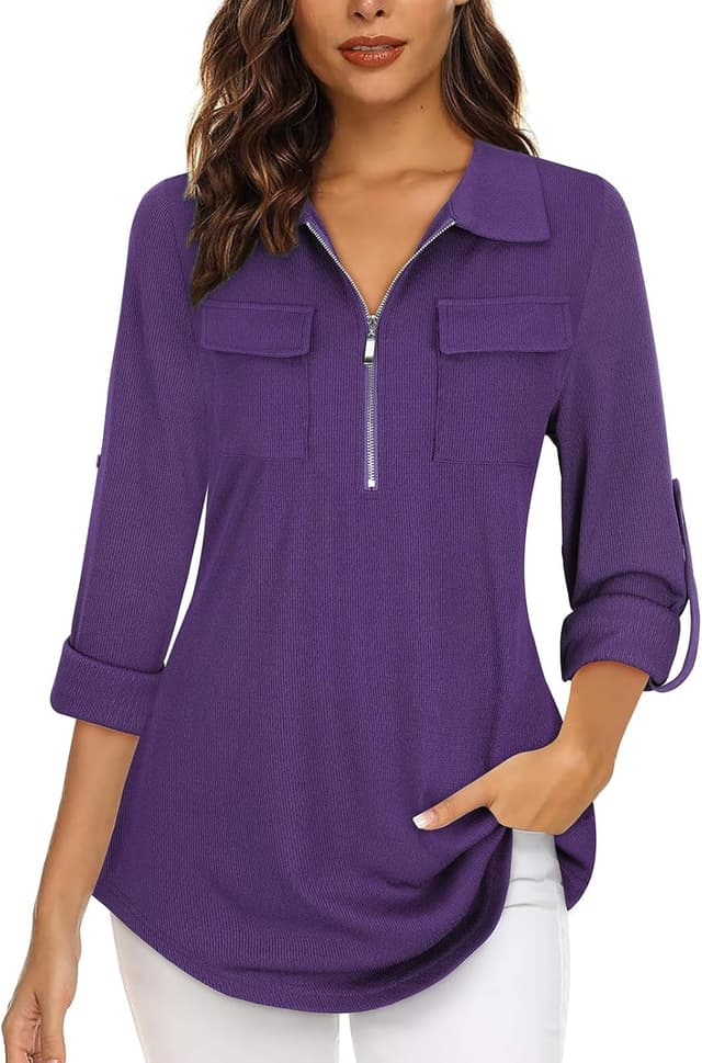 Detalle de Gemulate women’s 3/4 sleeve polo top with floral print and zip V-neck