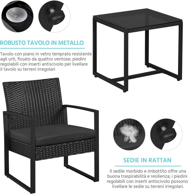 Detalle 2 de Yaheetech set mobili da giardino in poly rattan con 2 sedie e tavolino per balcone, nero con cuscini