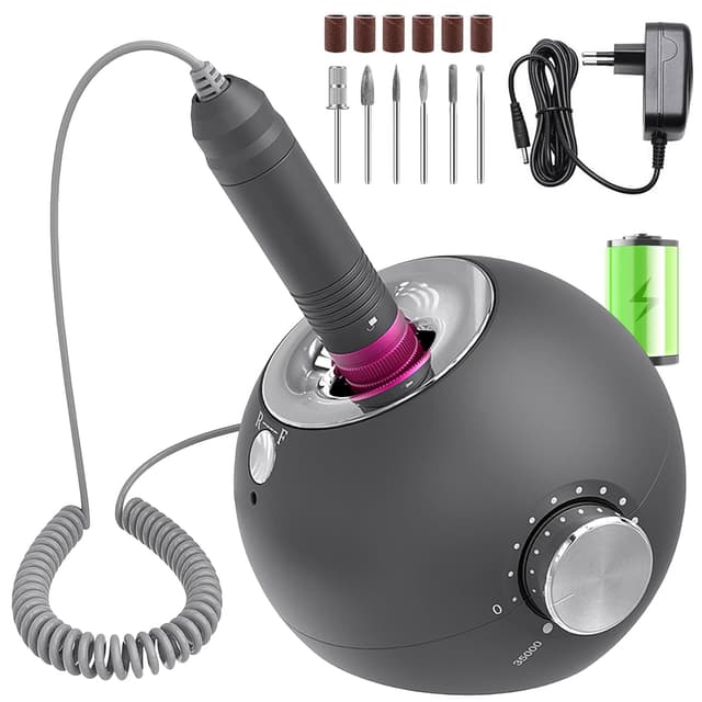 Detalle de Elektrische Nagelfräser für Gelnägel (bis zu 35.000 U/Min) – wiederaufladbare Nagelfeile für Maniküre & Pediküre, 6 Bohrer-Set – Grau