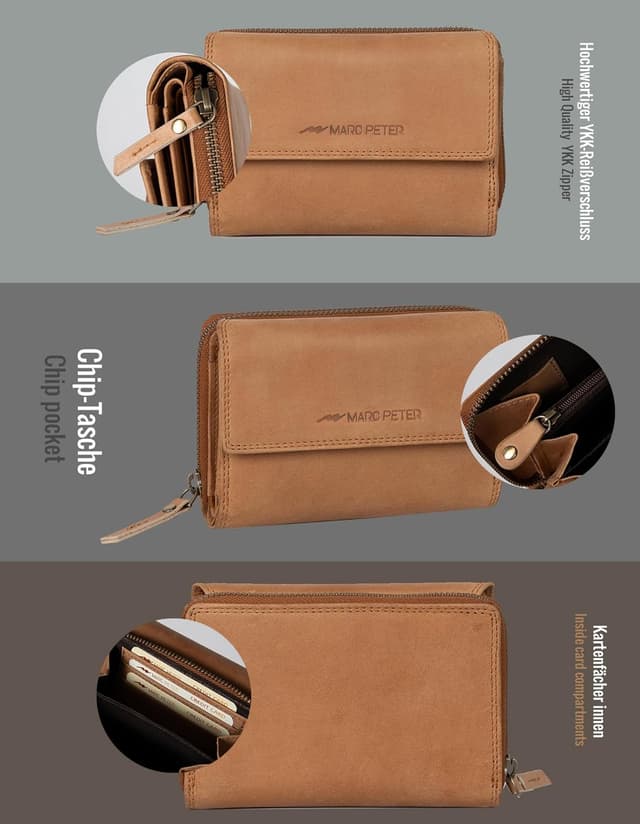 Detalle de Marc Peter Rosie Damen-Geldbeutel aus Leder mit RFID-Schutz (Vintage, groß) in Geschenkbox – Camel