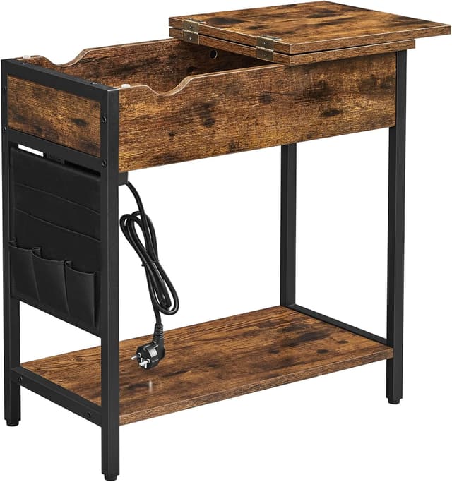 Detalle de VASAGLE Tavolino con multipresa LET311B01 in Marrone Vintage e Nero, stretto con porte USB e scomparti con sacchi