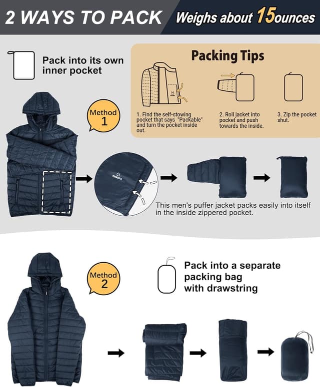 Detalle 1 de Outdoor Ventures Herren Steppjacke wasserdichte Pufferjacke mit Kapuze, packbar und leicht