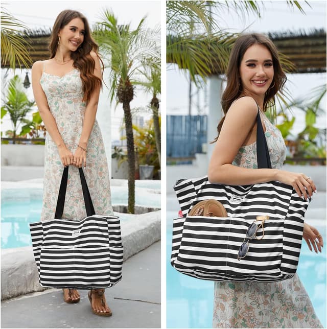 Detalle 2 de HOMESPON Large Waterproof Beach Tote Bag (Zip, Pockets, Foldable) – Black and White Stripes