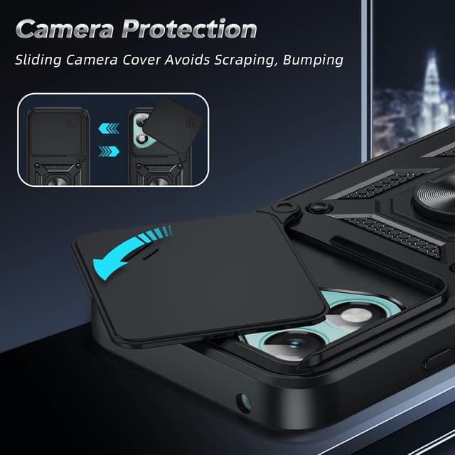 Detalle 2 de LeYi for Honor 400 Lite 5G rugged phone case with sliding camera cover, ring stand & 2 tempered glass protectors (Black)