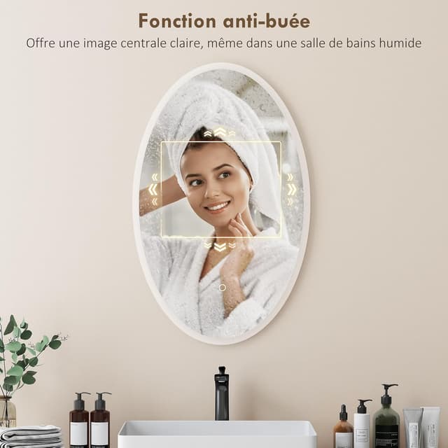 Detalle de HOMCOM miroir de salle de bain LED ovale 80x50 cm avec anti-buée, 3 températures, dimmable et mémoire