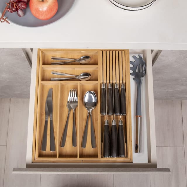 Thumbnail 6 de TIOPGHAD Bamboo Expandable Silverware & Utensil Drawer Organizer with Detachable Knife Rack