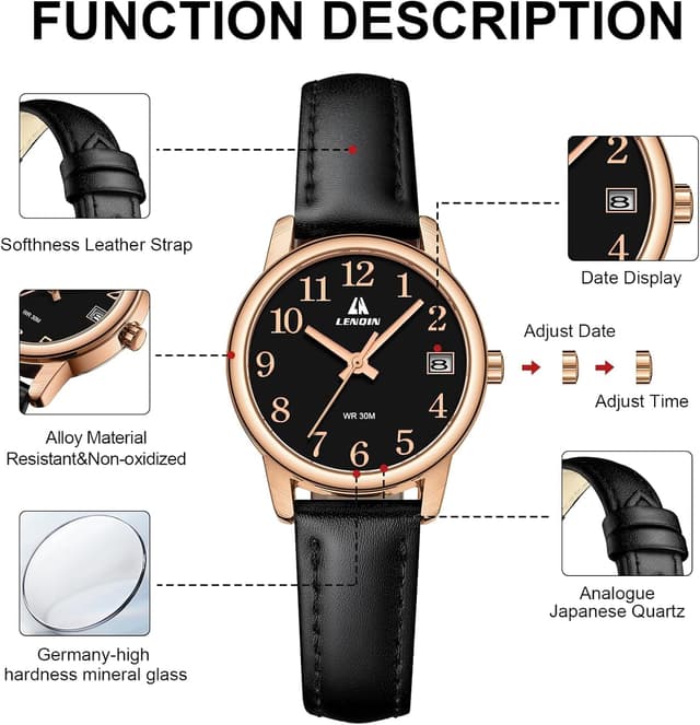 Thumbnail 6 de LN LENQIN Damen-Armbanduhr mit großen Ziffern, analogem Quarzwerk und Lederband