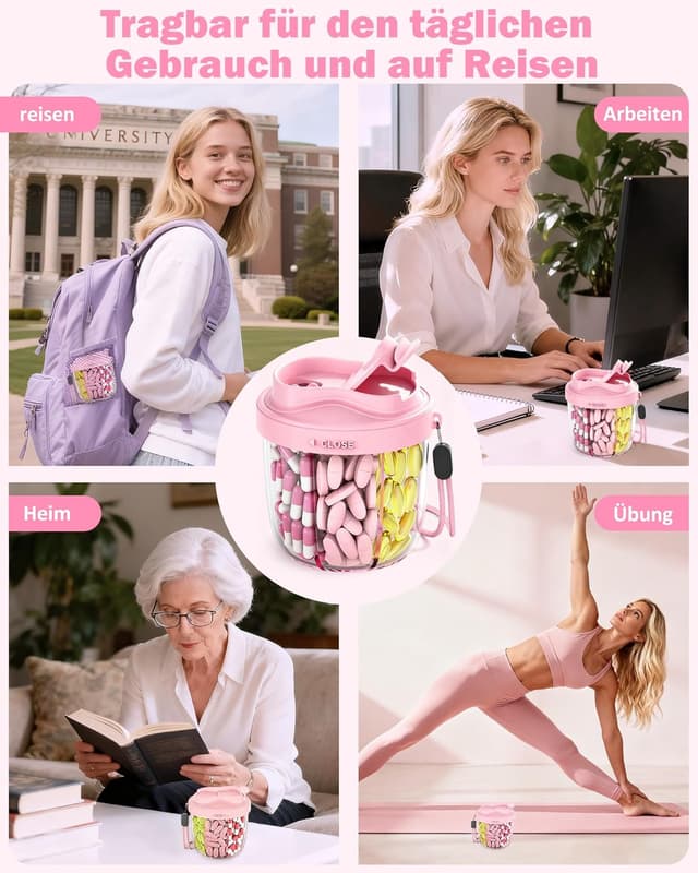 Detalle de Tablettenbox 7 Tage „Morgens Mittags Abends“ – runde 7-Fächer-Organizer mit weiter Öffnung, Anti-Verwechslung & Etiketten