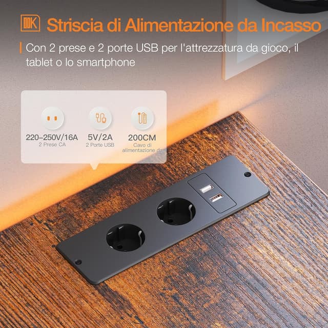 Detalle de ODK Scrivania Angolare 120x80 cm a L reversibile con porta ricarica USB e prese elettriche, marrone