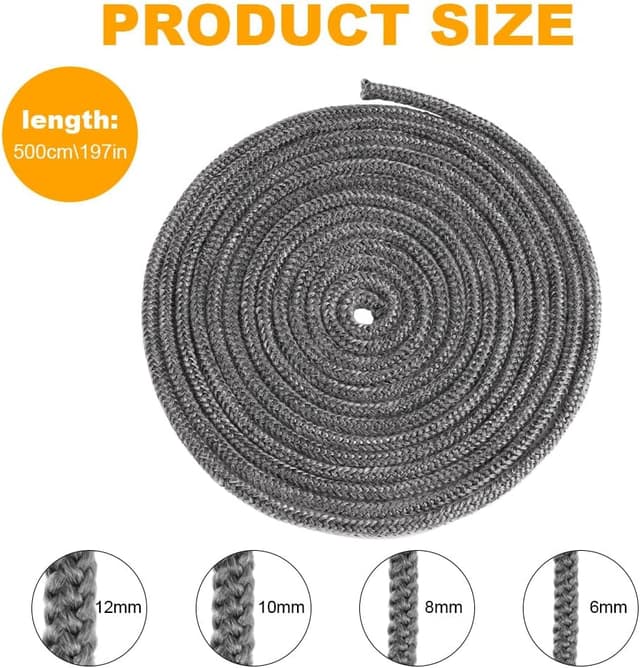 Detalle de Flintronic Guarnizione per porta stufa a pellet in fibra ignifuga (fibra di corda) resistente fino a 600 °C, Φ8 mm x 5 m, grigio