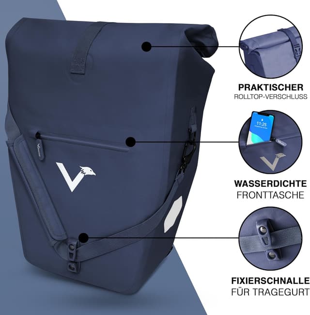 Detalle de Valkental ValkOcean Gepäckträgertasche 28 l – groß, wasserdicht, abschließbar, ohne PVC (mit Reflektoren)