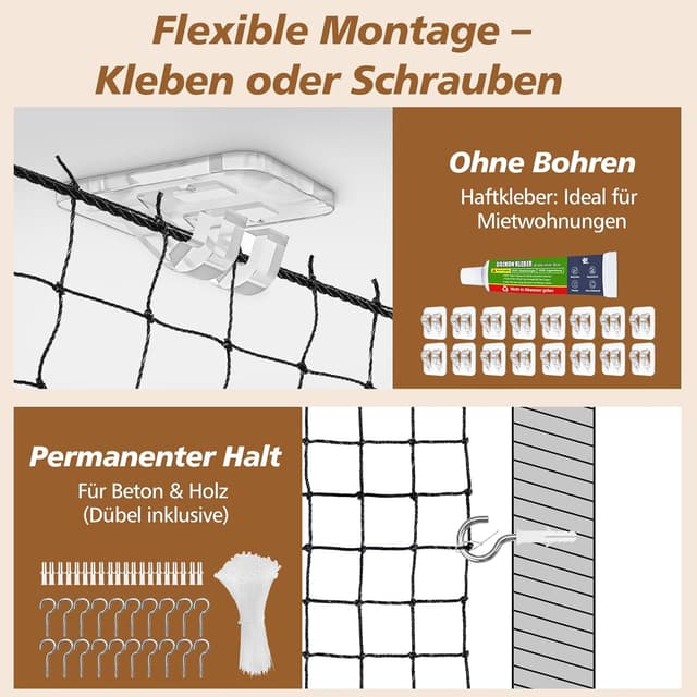 Detalle de Aystkniet Katzennetz fürs Balkon ohne Bohren (drahtverstärkt), inkl. Klebehaken & Silikonkleber