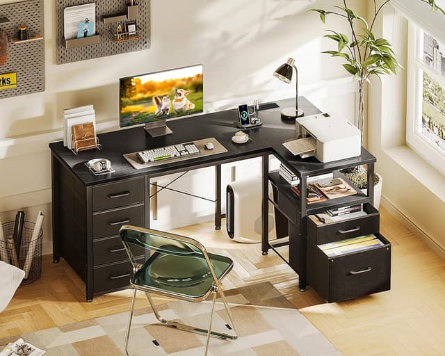 Detalle 2 de Coleshome Computer Corner Desk with Drawers (140×70 cm) with Built-in Power Outlet, L-shaped, Black