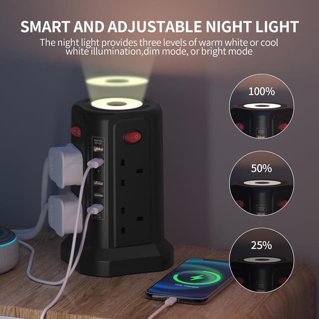 Detalle 2 de Tower Extension Lead 8‑way 5 USB 3250W surge protector 🔌