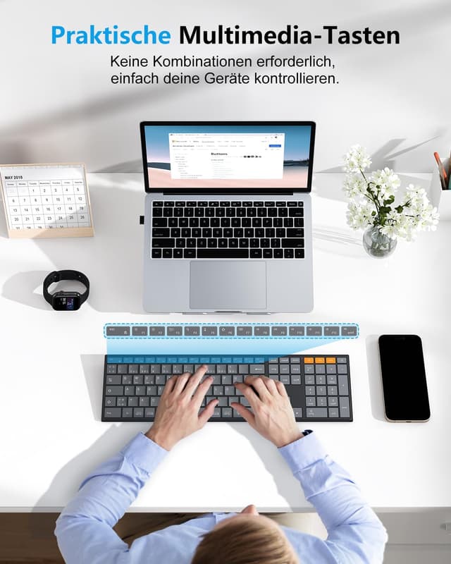 Detalle de OMOTON kabellose Bluetooth-Tastatur mit Metallgehäuse (2,4G + BT), beleuchtet, Multi-Device, deutsches QWERTZ