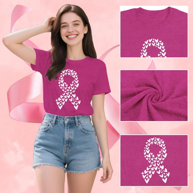 Detalle de Qskall breast cancer awareness T-shirt for women with pink ribbon & heart detail (S–XXL)