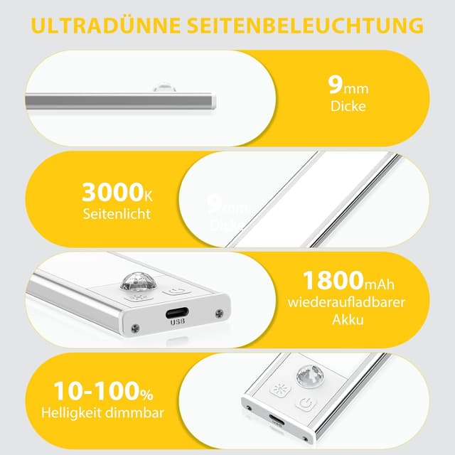 Detalle de OUILA LED-Unterbauleuchten mit Bewegungsmelder, 31 cm, USB-C wiederaufladbar – Set mit 2 Stück