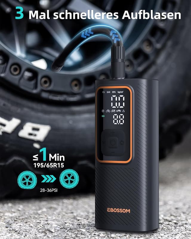 Detalle 2 de EBOSSOM Mini Luftkompressor 10 bar mit 6000 mAh Akku – tragbare Luftpumpe für Auto, Motorrad & Fahrrad