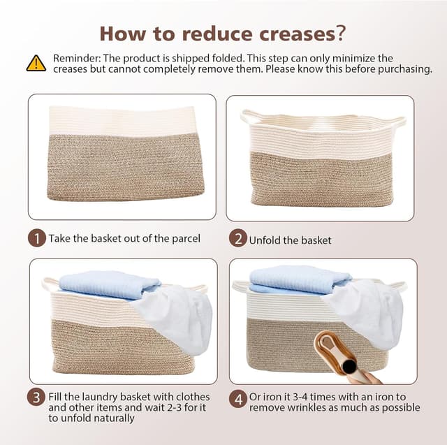 Detalle de Large Foldable Woven Cotton Laundry Basket with Handle (Brown & White), 55 x 38 x 30cm