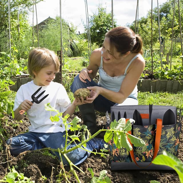 Detalle de YAUNGEL set di attrezzi da giardinaggio in acciaio inossidabile (10 pezzi) con manico in legno antiscivolo e borsa organizer