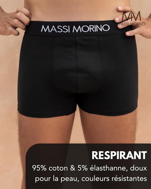 Detalle 2 de Boxers homme en coton sans étiquette (lot de 6 ou à l’unité) Massi Morino – noirs, ceinture élastique, S à XXL
