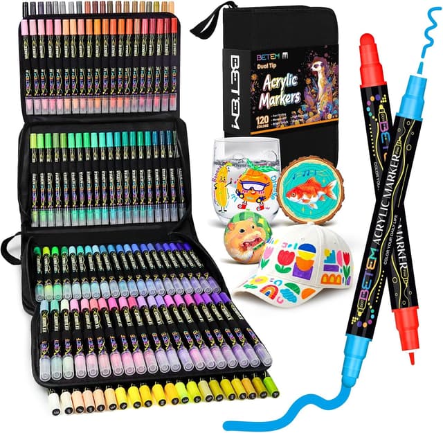 Detalle de Betem Acrylic Paint Markers Pens (Dual Tip) – 120 dual-tip colours for wood, fabric, canvas and more
