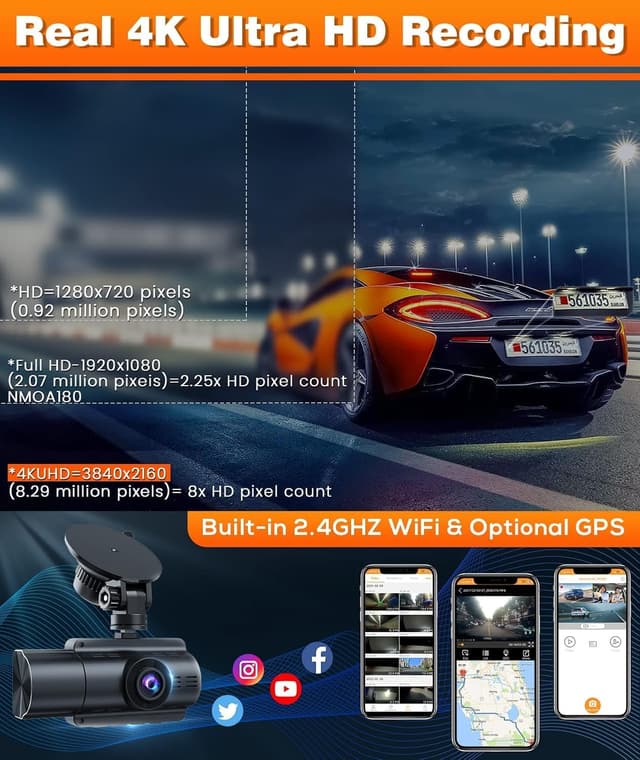 Detalle de Moplasz 4K Dash Cam Front and Rear (Dual 4K+2K) with Wi‑Fi App, Night Vision and 32GB SD Card