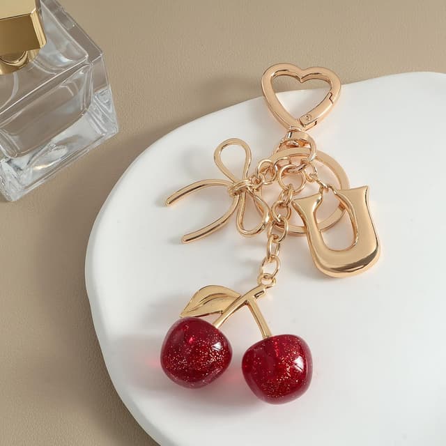 Detalle de Snylcce Pink Cherry Bow A-Z Initial Keychain with Crystal Accent