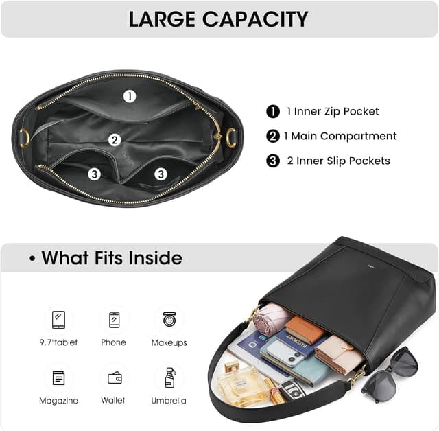 Detalle de Kattee Top Grain Leather Bucket Bag with Adjustable Crossbody Strap (Medium Hobo Shoulder Purse)