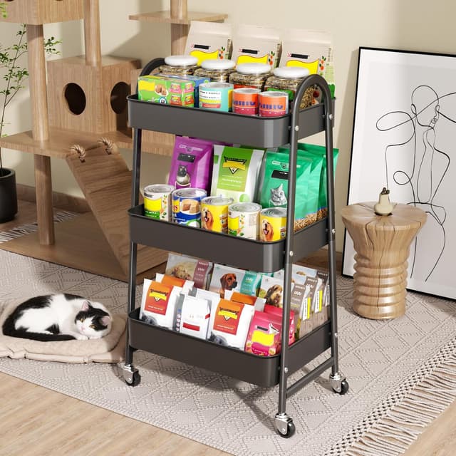 Detalle 2 de StowBin 3-stöckiger Metallrollwagen in Schwarz – schmaler Rollwagen für Küche, Bad & Arbeitszimmer