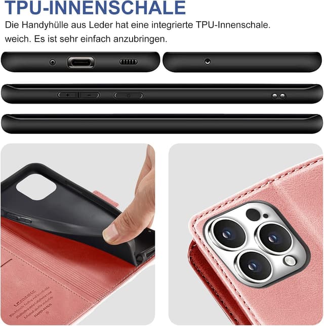 Detalle 2 de Giyer Handyhülle für iPhone 16 Pro: Klapphülle mit Kartenfach, Schutzfolie und Standfunktion (Rosa)