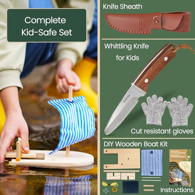 Detalle de Kibbidea Schnitzmesser für Kinder (ab 8 Jahren) – Edelstahl, sicheres Taschenmesser-Set mit Lindenholz & Zubehör