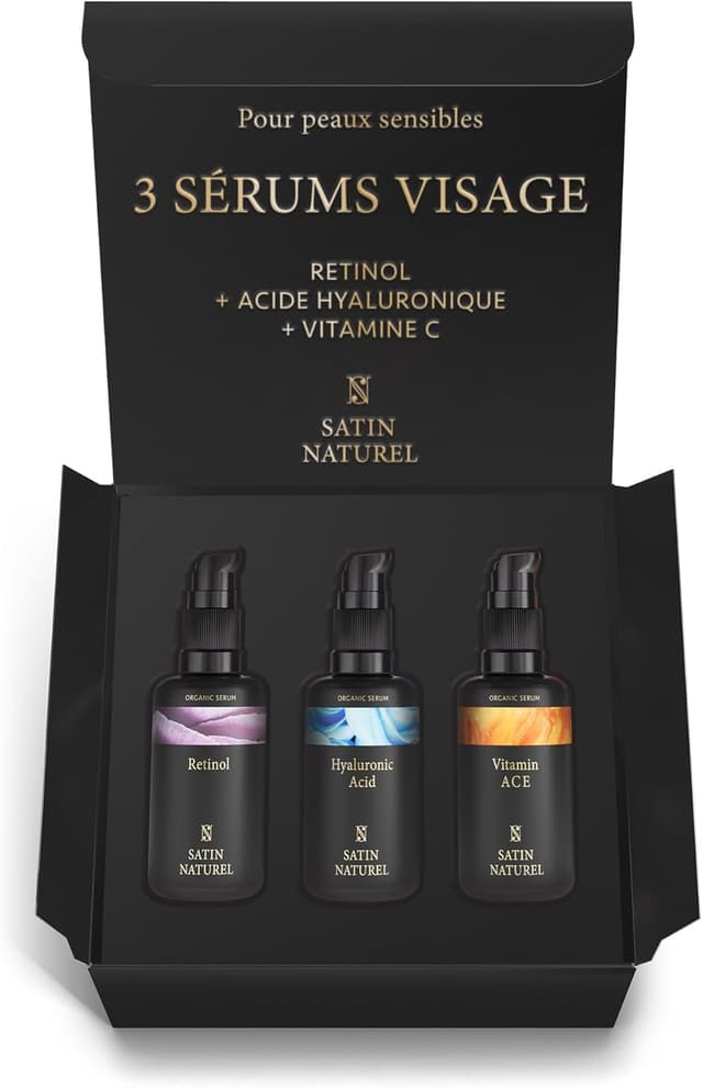 Detalle de Satin Naturel Coffret Cadeau Premium pour Femme – 3x30 ml Sérums Visage Vegan (Acide Hyaluronique, Rétinol, Vitamines ACE)