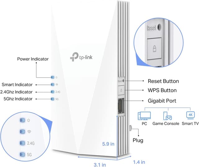 Detalle de TP-Link RE600X AX1800 WiFi 6 Extender Internet Booster (OneMesh compatible, Gigabit Ethernet)