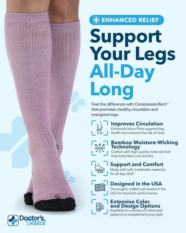 Detalle 2 de Doctor's Select Bamboo Viscose Light Compression Socks (8–15 mmHg), Knee High — 3 Pairs