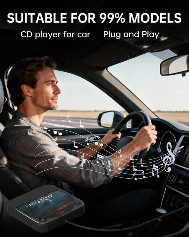 Detalle de ENVYCLOUD Portable Car CD Player with USB/AUX (External CD Player with Type-C Adapter, Black)