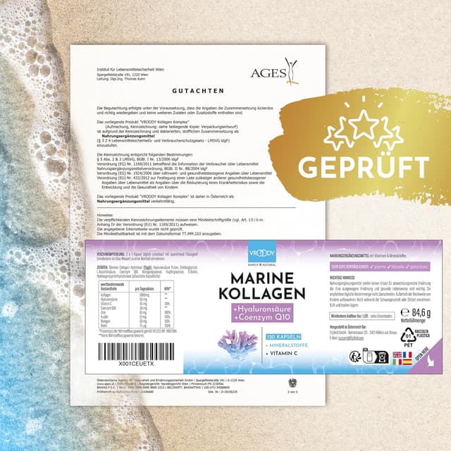 Detalle de Premium Marine Kollagen Kombo 1000 mg + Q10: mit Hyaluronsäure, Kupfer, Mangan, Vitamin C, Zink & Biotin (2er Pack)