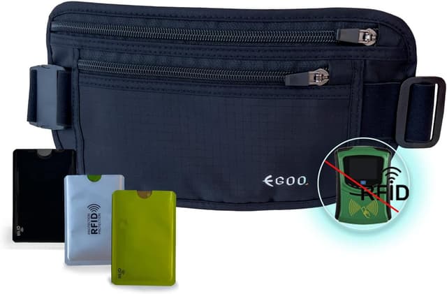Detalle de EGOO Ultralight RFID Money Belt with Adjustable Elastic Strap (Black) + 3 RFID Card Sleeves