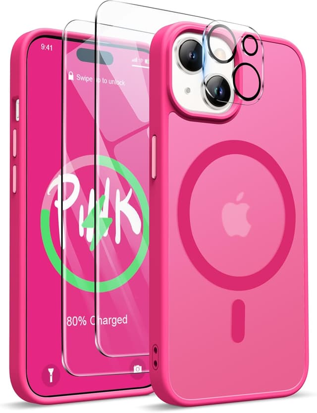 Detalle de ORETECH Magnetische Hülle für iPhone 15 Plus (Mag-Safe) mit 2 Displayschutzfolien & 1 Kameraschutz – stoßfest, transluzente Rückseite in Hot Pink