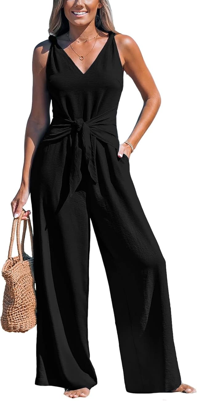 Detalle de CUPSHE combinaison femme col en V sans manches ceinturée, jambes longues et bretelles à nœud pour l’été