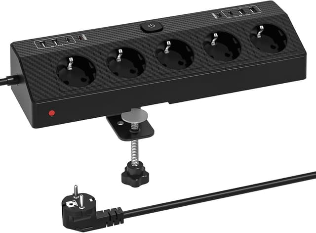 Detalle de PASSUS Tischsteckdose Steckdosenleiste mit Überspannungsschutz (4000 W / 16 A), 4 USB‑C & USB‑A, 2 m Kabel, schwarz