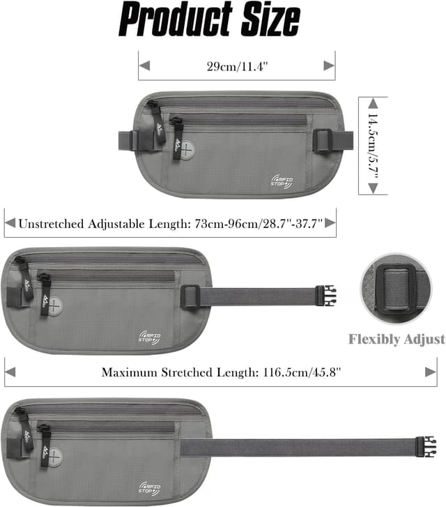 Thumbnail 6 de MoKo Secure Money Belt for Travel (RFID Block) – Grey hidden under-clothes wallet