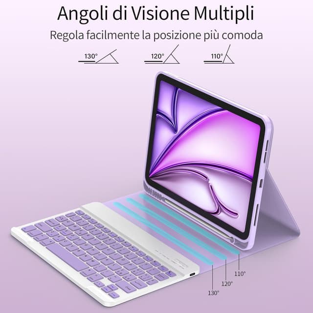 Detalle de TQQ Cover con Tastiera per iPad Air 11 pollici (M3 2025 e M2 2024) / iPad Air 5ª-4ª Gen / iPad Pro 11 pollici: tastiera Bluetooth staccabile QWERTY italiano