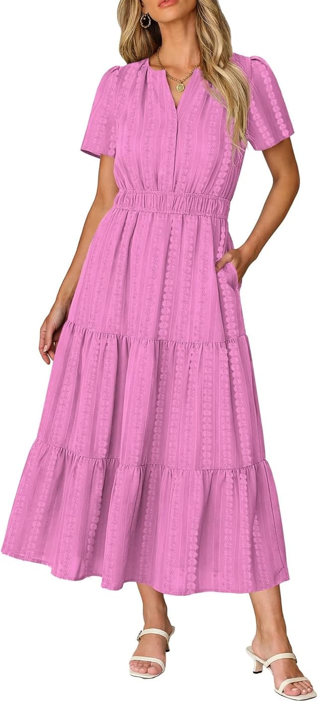 Detalle de RUMIA Women Casual Midi/Maxi Dress with V Neck, Elastic Waist, and Pockets (S–2XL)