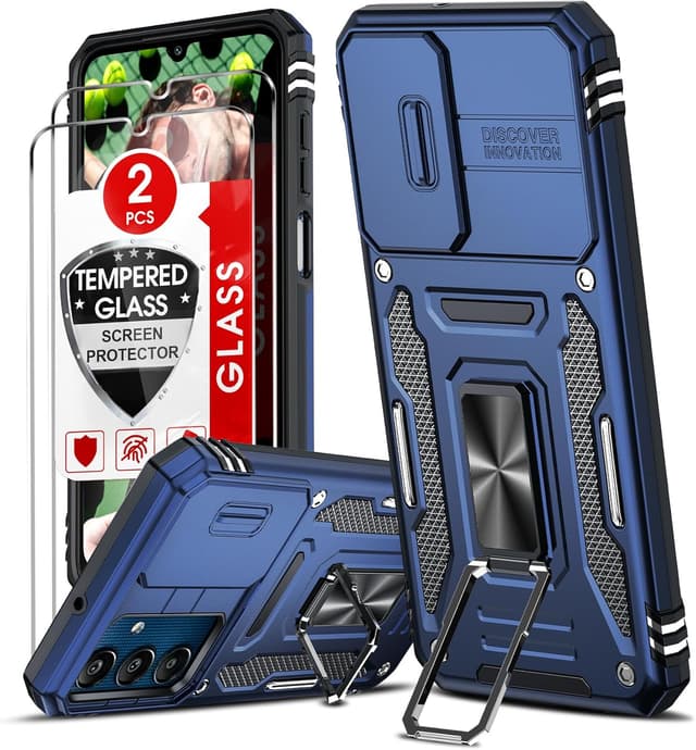 Detalle de LeYi Tough Defender case for Samsung Galaxy A25 5G with sliding camera lens cover and rotated ring stand (navy blue) + 2 screen protectors